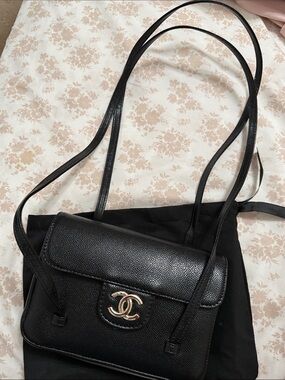 CHANEL Black Caviar Leather Crossbody Bag with Gold CC
